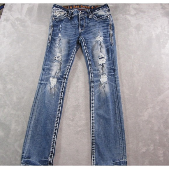 Rock Revival Jeans Womens 29 Blue Barbara Mid Rise Straight Distressed Denim - Picture 1 of 16